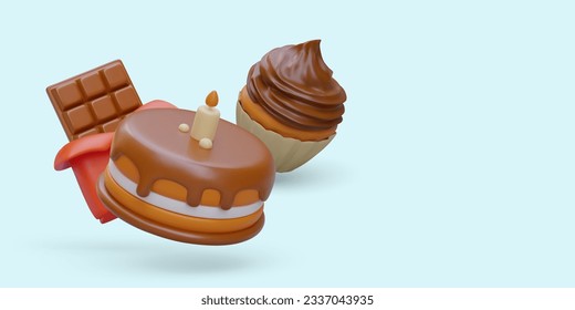 Realistic chocolate desserts. Cake with candle, cupcake with cream, chocolate bar in wrapper. Concept for confectionery, cafe, supermarket, sweet shop. Sign for culinary department