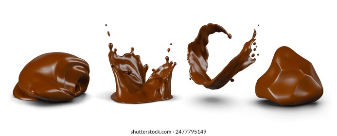 Realistic chocolate in different shapes. Thick mass, butter, spread, liquid, sauce, glaze, topping