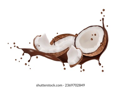 Realistic chocolate drink splash with coconut, candy sweets or choco dessert vector background. Coconut nut cracked in milky chocolate with drops splash of flow wave for milkshake, ice cream or yogurt