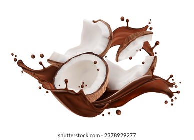 Realistic chocolate drink splash with coconut. Realistic 3d vector coco nut half and pieces with soft white flesh and brown liquid splashing waves. Isolated tropical plant with sweet melt cocoa