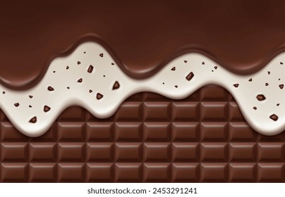 Realistic chocolate drip melt with chips and cream. 3d vector choco bar background with splash of cocoa and creamy wave, drops or splatter of milk and stracciatella. Sweet liquid melting candy dessert