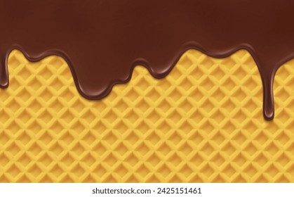 Realistic chocolate drip melting on wafer background, vector choco syrup. Chocolate melt or candy caramel sweet sauce flow drops on waffle pattern texture for ice cream or wafer dessert package