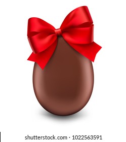 Realistic chocolate Easter egg with bow on white background. Vector illustration ready and simple to use for your design. EPS 10.