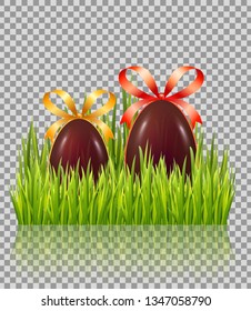 Realistic chocolate Easter eggs with bow in green grass isolated on transparent glossy background. Vector illustration