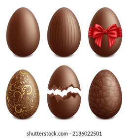 Realistic chocolate eggs, easter holiday sweet dessert. Easter holiday surprise treat, golden choco eggs vector illustration set. Brown choco eggs icons collection, dessert chocolate isolated