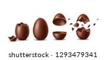 Realistic chocolate eggs set. Broken, exploded eggshell, two halves and whole chicken egg. Sweet easter holiday symbol. Vector dessert made of dark cocoa. Restaurant, cafe menu, celebration design.