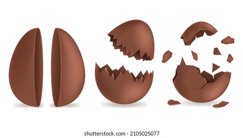 Realistic chocolate eggs set. Broken, exploded eggshell, two halves and whole chicken egg. Chocolate egg realistic set, traditional sweet dessert.