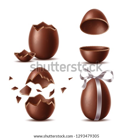 Realistic chocolate eggs set. Broken, exploded eggshell, two halves and whole egg with bow. Sweet easter holiday symbol. Vector dessert made of dark cocoa. Restaurant, cafe menu, celebration design.