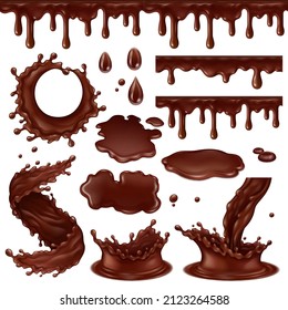 Elementos de chocolate realistas, gotas de cacao caliente, batidos y salpicaduras. Ilustración vectorial de la salsa de escarcha de chocolate con goteo. El postre de chocolate es líquido. Pastelería dulce