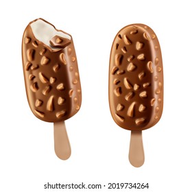 Helado esquimal de chocolate realista con glaze y nueces. Postre congelado, producto lácteo dulce o vectorial 3d entero y helado mordido con sundae, vidrio de chocolate y cacahuetes sobre palo de madera