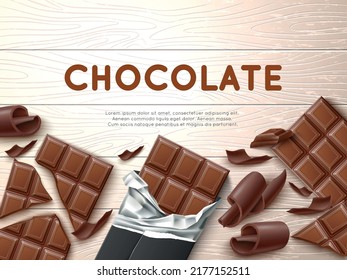 Realistic chocolate frame. 3d sweet cocoa bars, delicious shavings and broken pieces, wooden background, dessert food advertising, isolated objects, confectionery poster, utter vector concept