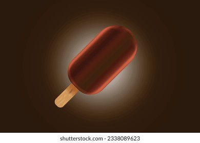 Realistic chocolate ice cream with Dark Background. ad poster with bite choco popsicle. Ice cream on a stick with brown sauce. Sweet creamy dessert, dairy frozen summer food.