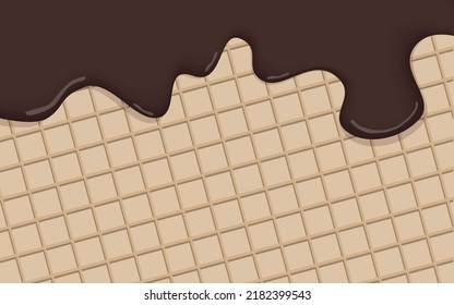 Realistic chocolate ice cream melted on vanilla cone background vector. Chocolate cream is melting on the wafer surface. A template for sweet menu or advertising commercial.