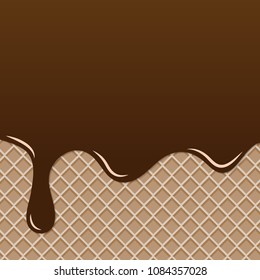 Realistic of Chocolate or Ice cream chocolate splash and melt flowing and dripping on waffle or wafer. Vector desert background concept. Texture background vector illustration.