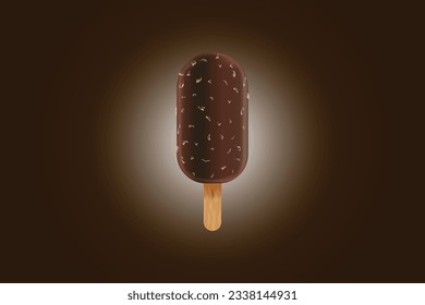 Realistic chocolate ice cream with splash. Vector ad poster with bite choco popsicle with nuts and liquid swirl. Icecream on stick with brown sauce. Sweet creamy dessert, dairy frozen summer food.