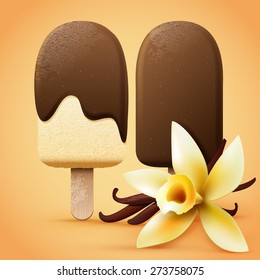 Realistic chocolate ice cream with vanilla flavour. Summer vector illustration.