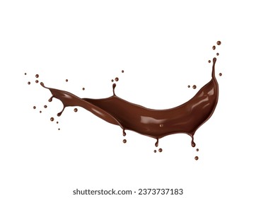 Realistic chocolate long wave splash with drops of choco candy splatter, isolated vector. Chocolate sweet dessert, cocoa drink or choco milkshake wave with splashing droplets in long flow or spill