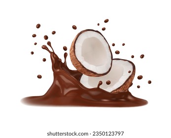 Realistic chocolate milk corona splash and coconut. Realistic 3d vector coco nut halves with soft white flesh and brown liquid splashing. Isolated tropical plant with sweet melt cocoa, natural product