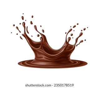 Realistic chocolate milk crown corona splash with creamy texture, vector 3d cocoa drink and food. Hot chocolate beverage, melted choco candy, cacao milk shake, sauce or syrup crown splash with drops