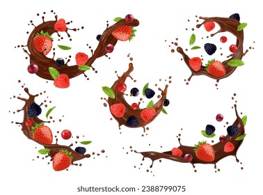 Realistic chocolate milk drink splash with berries and mint leaves, vector cocoa dessert food. 3d splashes of flowing chocolate milk with drops and strawberry, raspberry, blackberry, cranberry fruits