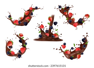 Realistic chocolate milk drink splash with berries and drops, vector 3d food and cocoa fruit dessert. Melted chocolate wave and pouring choco milk with strawberry, blueberry, raspberry and blueberry