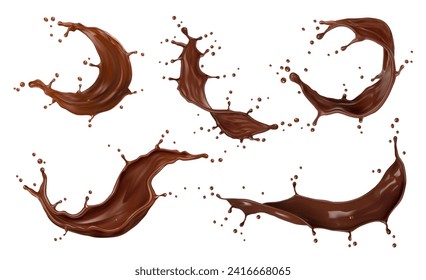 Beber de leche de chocolate realista salpicado con salpicaduras. Bebida batida, oleada y gotas 3d conjunto de cacao vectorial, chocolate caliente, dulce de choco fundido, salsa y batido de leche, comida y bebida de postre dulce