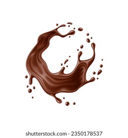 Realistic chocolate milk round splash wave with melted drops. Vector 3d dark cocoa drink and dessert food swirl, isolated brown whirlwind of hot chocolate, milk shake, choco sauce or syrup spill