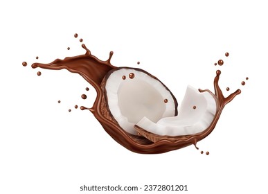 Realistic chocolate milk splash with coconut for candy sweets or choco drink vector background. Coconut in cocoa or milk chocolate splashing long wave with drops for milkshake, ice cream or yogurt