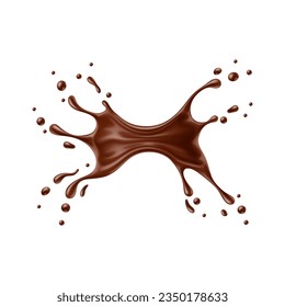 Realistic chocolate milk splash wave with drops, vector cocoa drink and food. Isolated 3d splash of melted dark chocolate, cacao milk shake, liquid choco candy, sauce or syrup, cocoa dessert flow