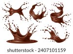 Realistic chocolate milk splash waves with drops, choco drink crowns and swirls, vector splatters. Cocoa drink or choco syrup flow and spill drops with milky chocolate wave and splashing droplets