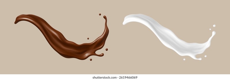 Realistic chocolate and milk splash waves isolated on beige background. Dessert and dairy concept. Vector illustration