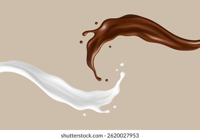Ondas reais de salpicos de chocolate e leite isoladas no fundo bege. Ilustração vetorial