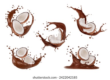 Realistic chocolate milk splashes with coconut, vector 3d drink or cacao dessert food. Tropical nut milk shake cocktail, chocolate sauce or mousse swirls and waves with cracked nuts of coconut palm