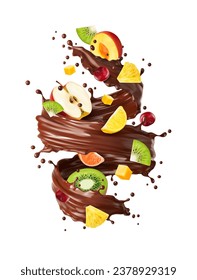 Remolque de leche de chocolate realista con frutos maduros, bebida de choco o fondo vectorial de salpicadura de fruta dulce. Mezcla de fruta manzana, kiwi y naranja con arándanos y piña o melocotón en espiral de remolino de chocolate