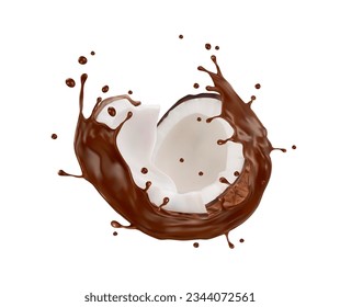 Realistic chocolate milk swirl splash with coconut. 3d vector coco nut half with white flesh and brown liquid splashing wave and drops. Isolated tropical plant with sweet melt cocoa, natural product