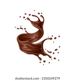 Realistic chocolate milk swirl splash wave, vector dark cocoa drink. Isolated 3d melted chocolate whirlwind with falling drops and creamy texture. Cacao milk shake, choco sauce or glaze swirl splash