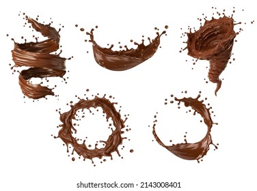 Realistic Chocolate Milk Tornado Swirl, Whirlwind And Splashes With Splatters. Vector Coffee, Cocoa Isolated Brown Hurricane Dessert Stream And Drops. Choco Storm With Liquid Splashing Droplets