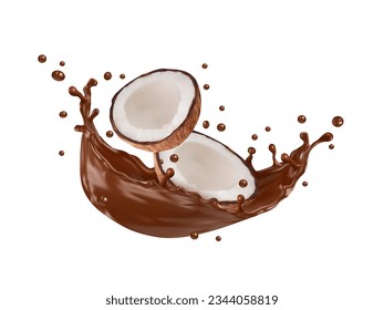 Realistic chocolate milk wave splash and coconut. Isolated 3d vector coco nut halves with white ripe flesh and brown liquid splashing and drops. Tropical plant with sweet melt cocoa, natural product