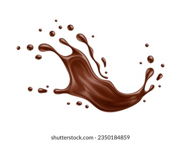 Realistic chocolate milk wave splash, cocoa drink spill with drops. Vector 3d melted chocolate bar, choco candy or cream wavy flow. Isolated cocoa milk shake, sauce, glaze or syrup splash with ripples