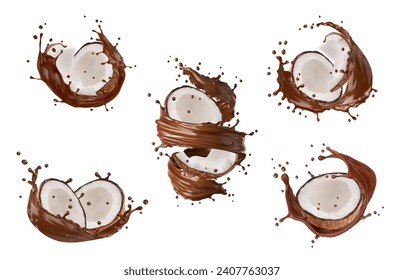 Leche de chocolate o bebida de los jóvenes realistas salpicada y fruta de coco. Giro vectorial 3d, flujo de olas y gotas de cacao o bebida caliente de chocolate, comida de postre de choco y batido de leche con nuez de palma tropical