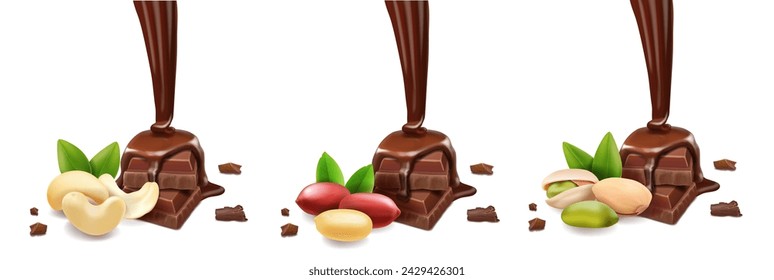 Realistic chocolate with nuts. Peanut, cashew, pistachios sweet chocolate pieces dessert illustration