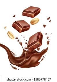 Realistic chocolate pieces with hazelnut in chocolate splash. Premium cocoa chocolate with nuts package design. Vector cacao sweet dessert. Delicious natural product ad design.