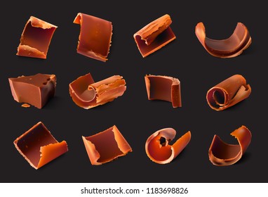 Realistic chocolate pieces and shavings. Vector illustration isolated on white background. Ready for your design. EPS10.