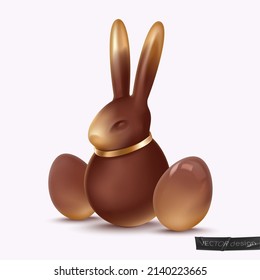 Realistic chocolate rabbit, bunny with golden ears, nose, gold collar and eggs. Happy Easter poster. Vector illustration for card, party, design, flyer, banner, web, advertising.