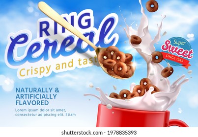 Realistic chocolate ring cereal falling into a cup from a spoon with a splash of milk on blue sky background. 3d illustration of crispy and tasty ring cereal advertisement banner