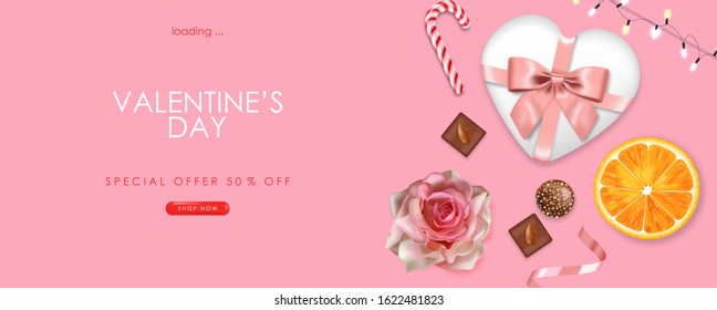 Realistic chocolate, rose champagne and lights, gold conffeti, rose, gift, orange valentines day, party banner, pink background, love concept, romantic card vector illustration