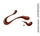 Realistic chocolate sauce or syrup splash, wave stain or swirl smear, isolated vector. Choco syrup or cocoa drink line blot or spill wave with drops and pour for chocolate candy or fudge dessert