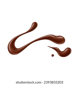 Realistic chocolate sauce or syrup splash, wave stain or swirl smear, isolated vector. Choco syrup or cocoa drink line blot or spill wave with drops and pour for chocolate candy or fudge dessert