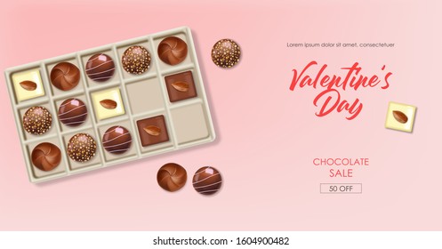 Realistic chocolate set, chocolate box, delicious dessert pattern, valentine's day, love banner, top view chocolate pralines collection vector illustration