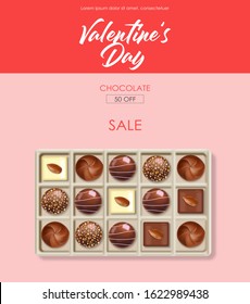 Realistic chocolate set, chocolate box, delicious dessert pattern, valentines day, love banner, top view chocolate pralines collection vector illustration